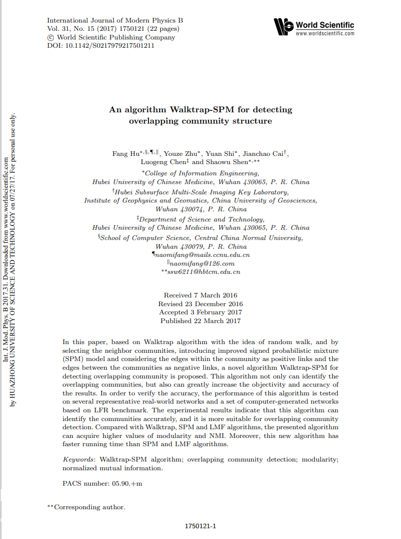 An algorithm Walktrap-SPM for detecting overlapping community structure（SCI）